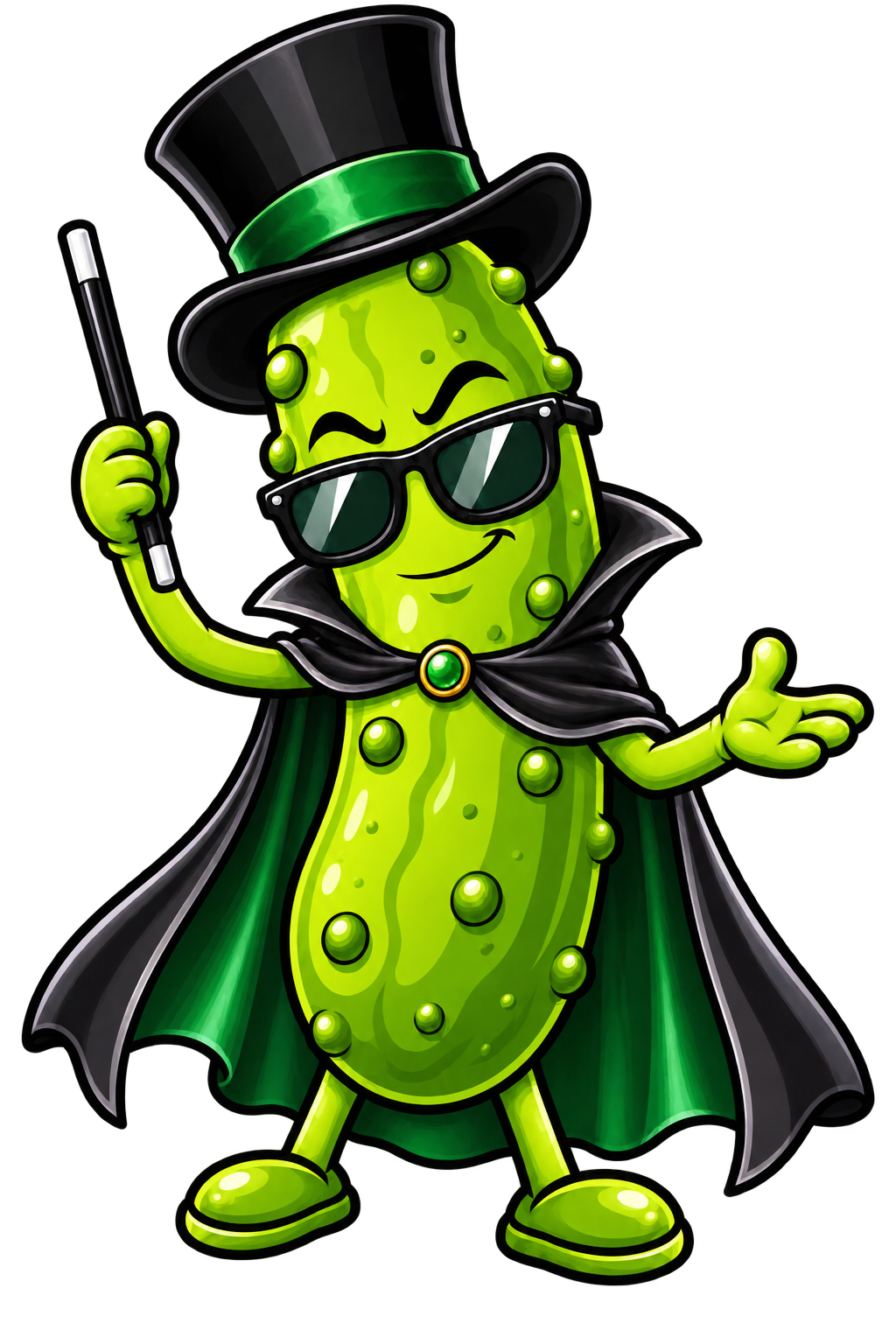 Pickledini, a green cartoon pickle wearing sunglasses, a top hat and a cloak, holding a wand